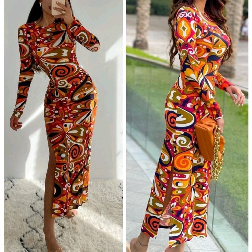 Zara Mod Printed Maxi Dress BodyCon Side Slits Stretch Retro 60s 70s Fitted XS